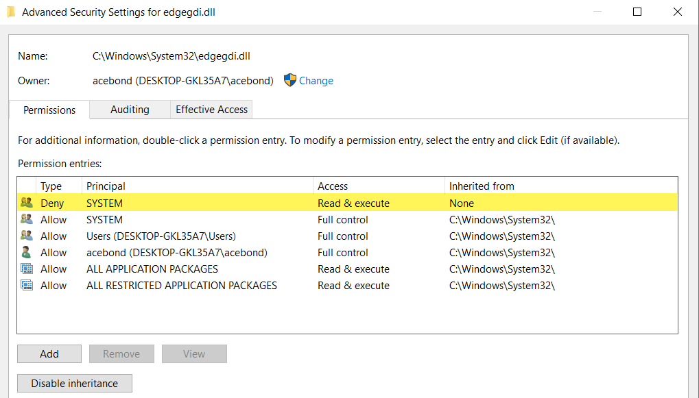 Figure 4 - Discretionary Access Control List to for EdgeGdi.dll