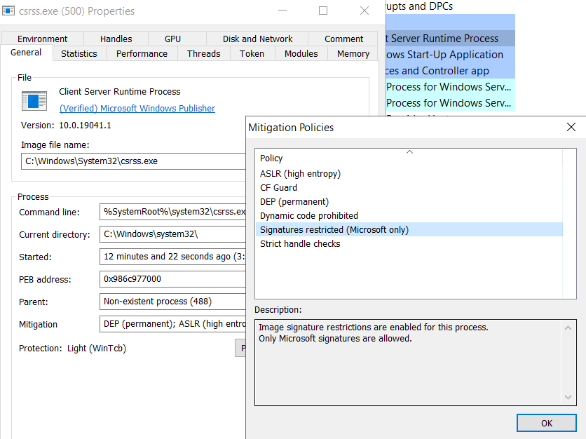Figure 3 - CSRSS process mitigation policies