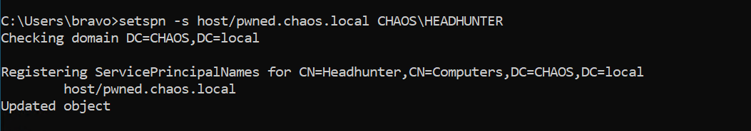 SPN created for host/pwned.chaos.local using CHAOS\Bravo